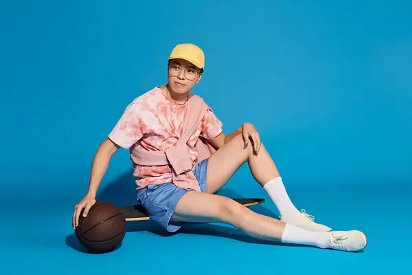Un jeune homme élégant et beau en tenue tendance assis sur le sol, tenant un ballon de basket, sur fond bleu. — Photo de stock