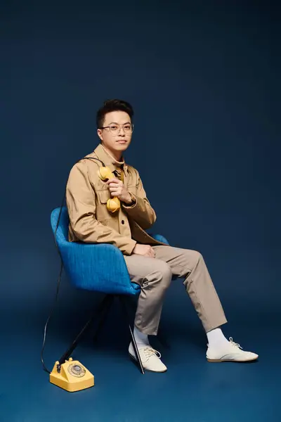 Un joven de moda con un atuendo elegante sentado en una silla azul junto al teléfono amarillo en una pose peculiar. - foto de stock