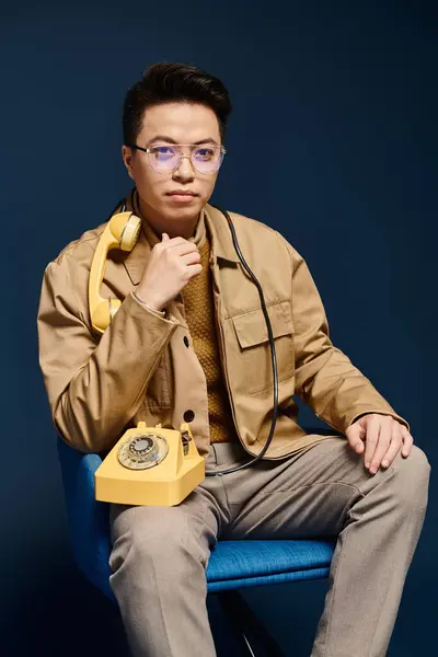 Un joven de moda con un atuendo elegante está sentado en una silla sosteniendo un teléfono. — Stock Photo
