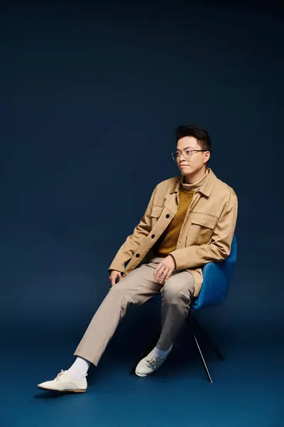 Un joven de moda con un atuendo elegante se sienta en una silla azul con las piernas cruzadas, mostrando una pose relajada y elegante. - foto de stock