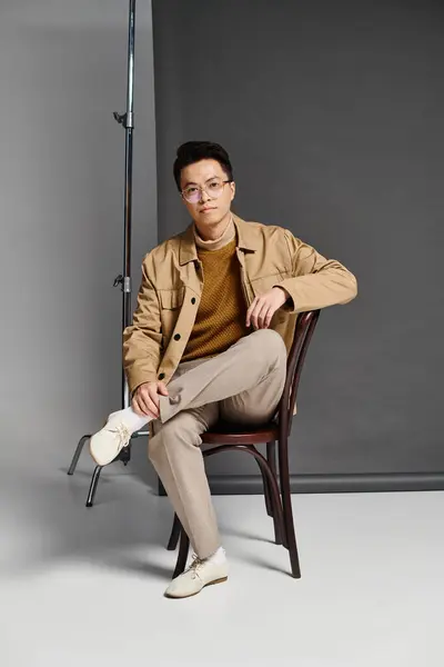 Un joven de moda con un atuendo elegante se sienta en una silla - foto de stock