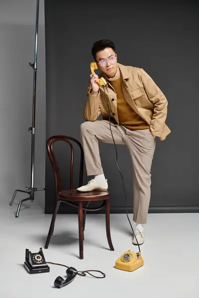 Un joven de moda vestido con elegante atuendo apoyado en una silla, absorto en su teléfono. - foto de stock