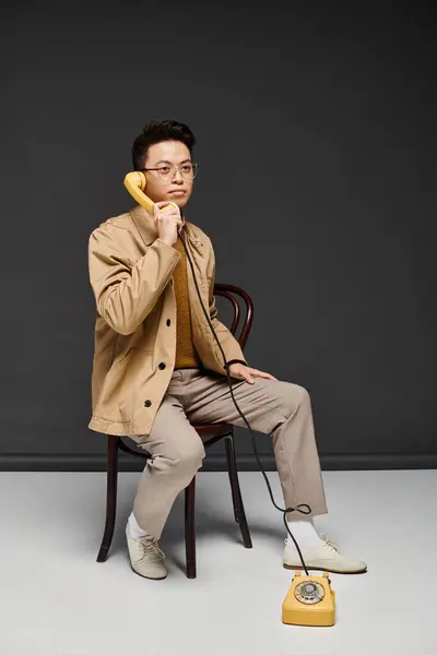 Un joven de moda con un atuendo elegante se sienta en una silla, participando activamente en una conversación telefónica. - foto de stock