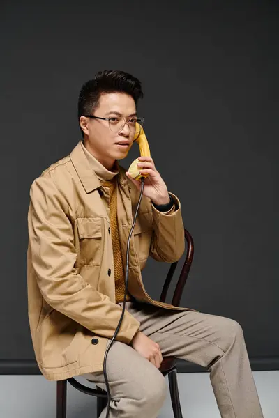 Un joven de moda con un atuendo elegante se sienta en una silla, sosteniendo un teléfono en una pose creativa e imaginativa. - foto de stock