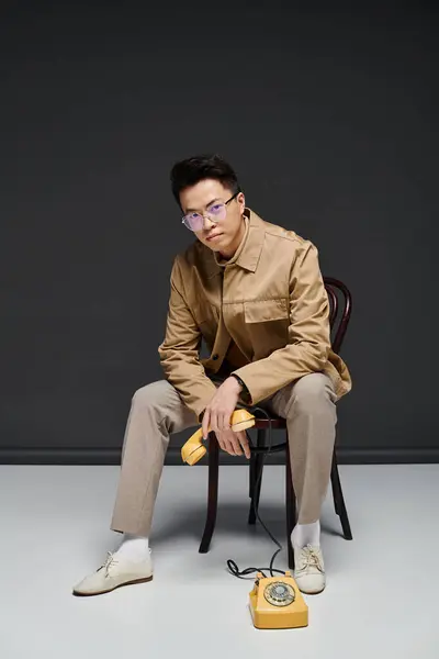Un jeune homme à la mode en tenue élégante assis sur une chaise, absorbé dans son téléphone. — Photo de stock