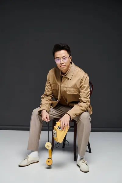 Модный молодой человек в элегантной одежде сидит на стуле, держа телефон — стоковое фото