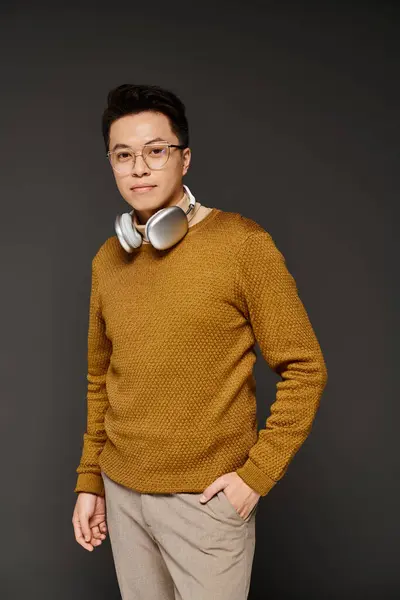 Un joven de moda, con gafas y suéter, posa con confianza y elegancia. - foto de stock