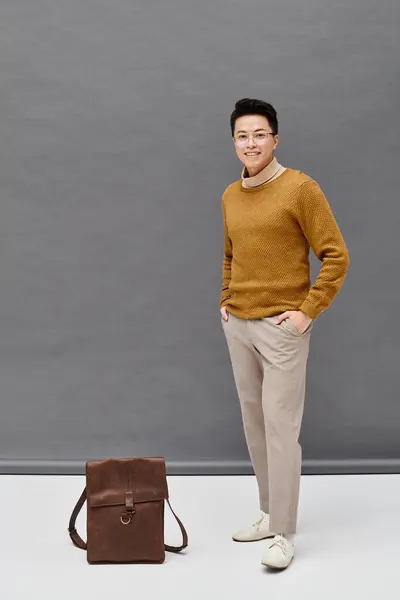 A fashionable young man in elegant attire stands next to a brown bag, exuding style and mystery. — Stock Photo