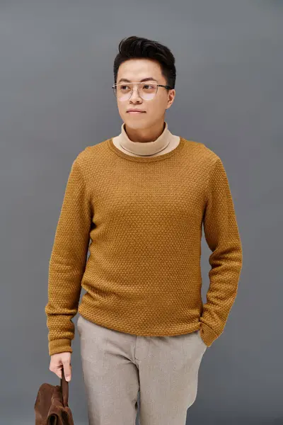 Un joven de moda en un suéter marrón y pantalones bronceados golpea una pose dinámica. - foto de stock