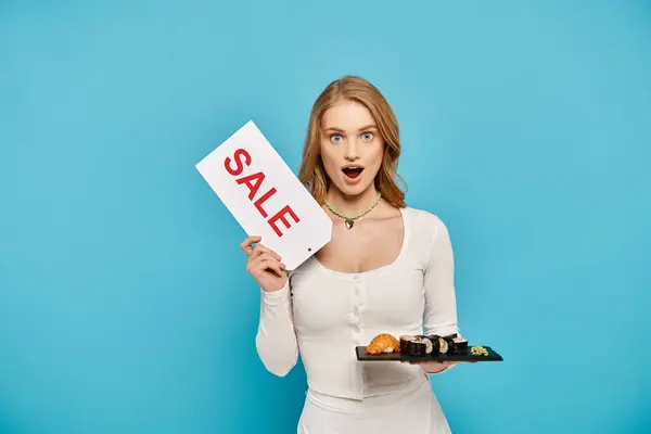 A beautiful woman with blonde hair holding a sign that says sale while posing with delicious Asian food. — Stock Photo