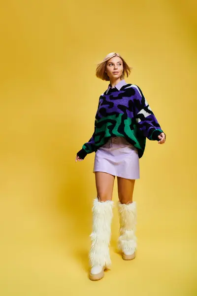 Alegre mujer de buen aspecto con el pelo corto en suéter vibrante posando activamente sobre el fondo amarillo - foto de stock