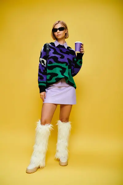 Young cheerful woman with stylish sunglasses in vibrant attire posing with coffee cup in hand — Stock Photo