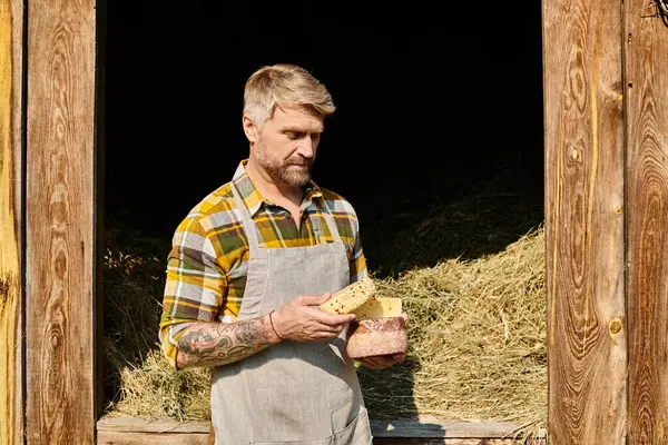 Homem bonito com tatuagens nos braços em traje casual segurando queijo e olhando para longe enquanto na fazenda — Fotografia de Stock