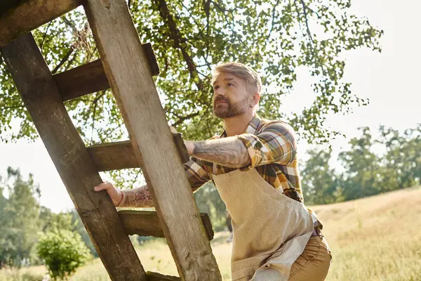 Hombre barbudo de buen aspecto con tatuajes en atuendo casual subiendo la escalera mientras trabaja en su granja - foto de stock
