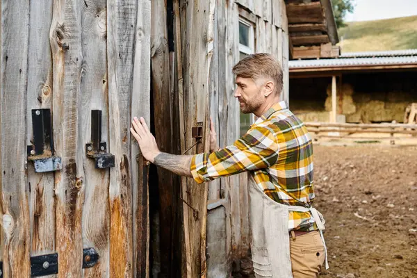 Привабливий відданий чоловік з бородою та татуюваннями на руках закриває двері сараю під час перебування на фермі — стокове фото