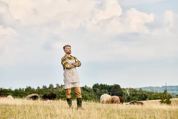 Modern bearded farmer with tattoos posing with crossed arms and looking away with cattle on backdrop — Stock Photo