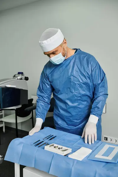 A man in a surgical gown performs precision operation on a machine. — Stock Photo