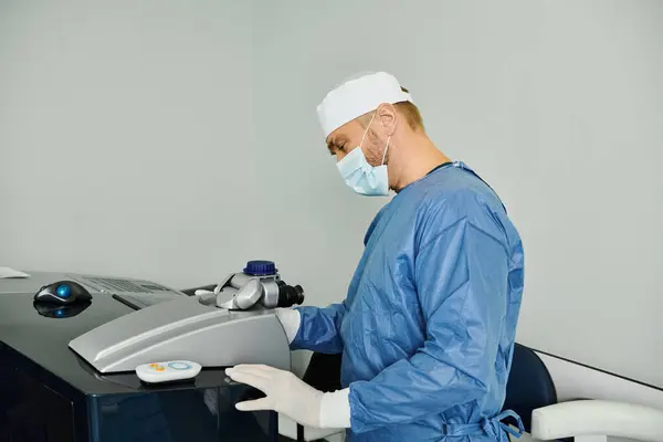 Um homem com uma máscara cirúrgica trabalha na operação de uma máquina. — Fotografia de Stock