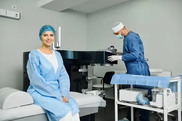 Um homem e uma mulher em esfoliação examinam um paciente em um quarto de hospital. — Fotografia de Stock