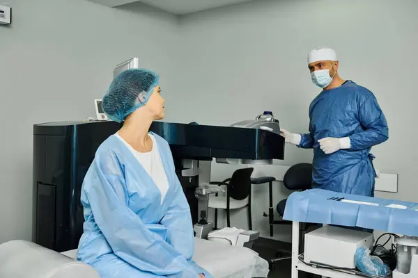 Un homme et une femme en blouse dans une clinique de correction de la vue au laser. — Photo de stock
