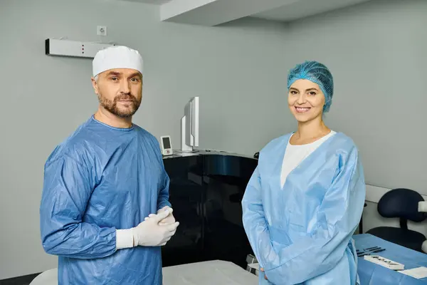 Un hombre y una mujer en uniforme en una habitación de hospital. - foto de stock