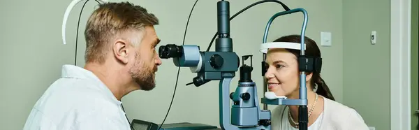 Добре виглядає лікар перевіряє свій жіночий зір пацієнта. — стокове фото