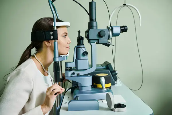 Paciente feminina checando sua visão. — Fotografia de Stock