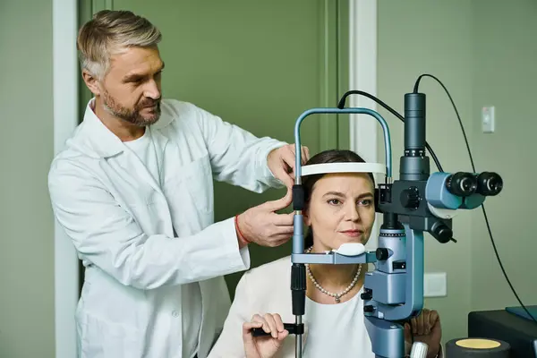 Bearded doctor checking his female patient vision. — Stock Photo