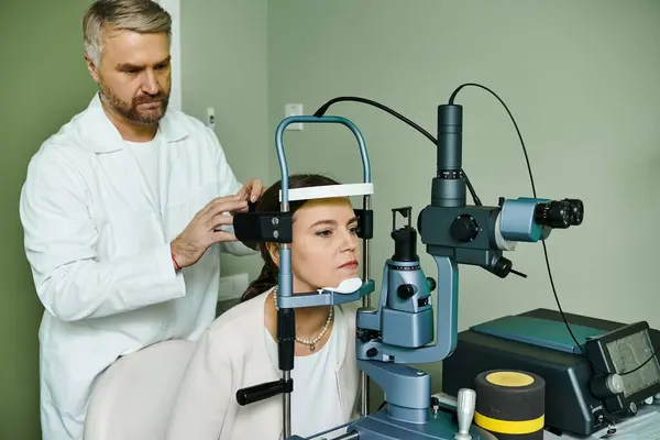Médico bonito examinando um olho de mulher em um ambiente profissional. — Fotografia de Stock