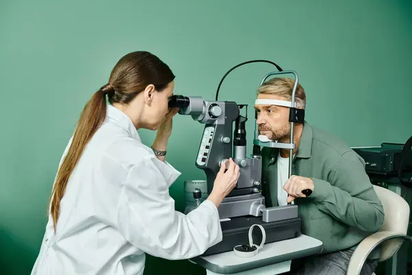 Belo médico examinando um olho de homem em um ambiente profissional. — Fotografia de Stock