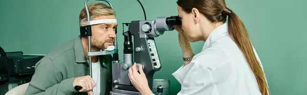 Um homem e uma mulher atentamente enfrentam a câmera em uma nomeação de correção de visão a laser. — Fotografia de Stock