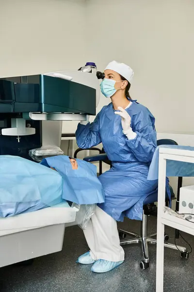 Medico in scrub che lavora in un letto d'ospedale. — Foto stock