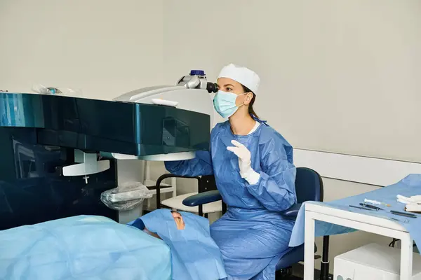 Schöne Ärztin im Peeling bei der Arbeit am Krankenhausbett. — Stockfoto