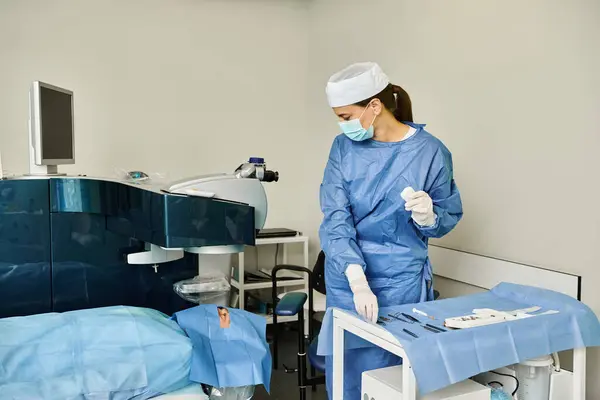 Una donna in camice e guanti si trova in una stanza d'ospedale. — Foto stock