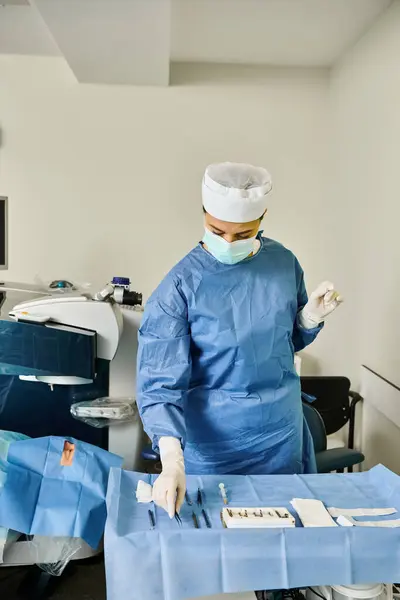 Un cirujano experto en atuendo quirúrgico opera una máquina de precisión en un entorno médico. - foto de stock