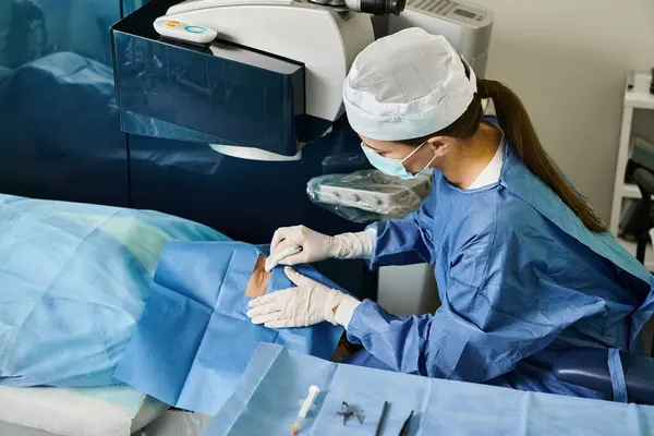 Uma mulher operando uma máquina em um ambiente hospitalar para correção da visão a laser. — Fotografia de Stock