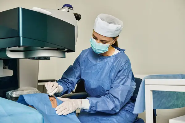Uma mulher em um vestido cirúrgico opera uma máquina no consultório de médicos para correção da visão a laser. — Fotografia de Stock