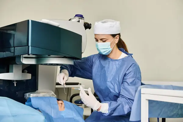 Une femme en robe chirurgicale utilise une machine pour la correction de la vue au laser. — Photo de stock