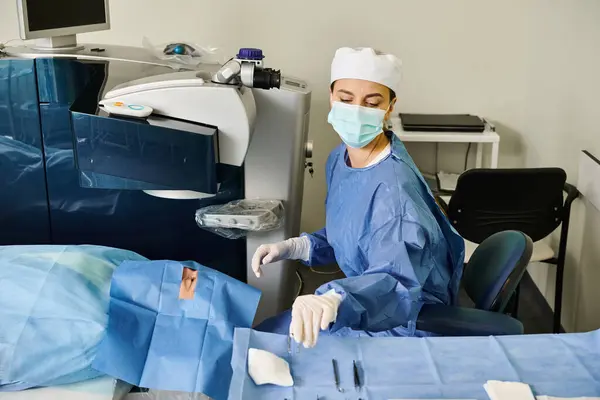 Una donna che indossa una maschera chirurgica in una stanza d'ospedale durante una procedura medica. — Foto stock