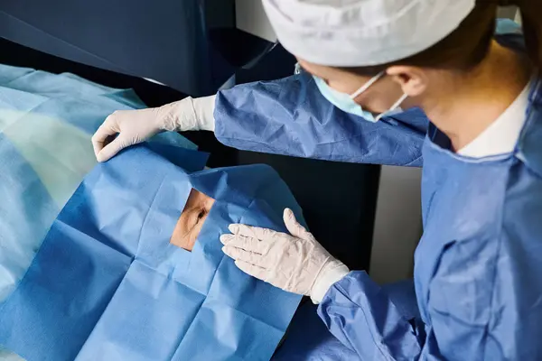 Una persona che indossa un abito da ospedale e guanti, probabilmente in un ambiente medico. — Foto stock