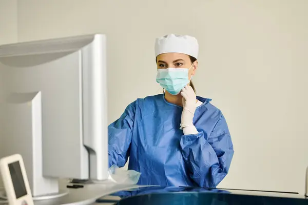Frau in der Arztpraxis, mit OP-Maske und Handschuhen ausgestattet, bereitet sich auf die Laser-Sehkorrektur vor. — Stockfoto