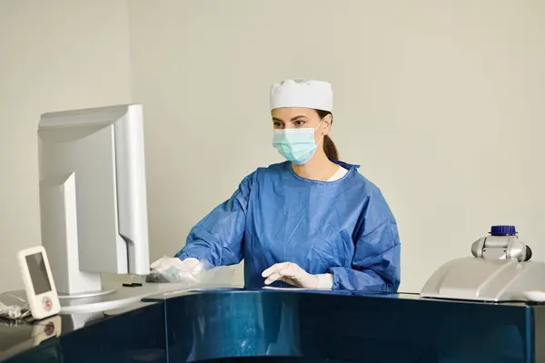 Una mujer con una máscara quirúrgica se sienta en un escritorio en un consultorio médico. - foto de stock