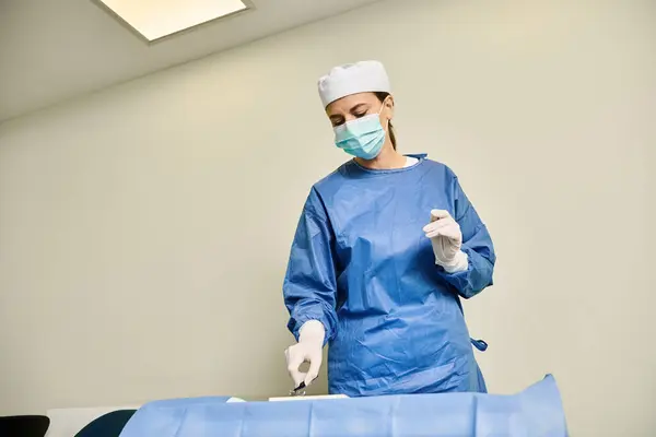 Uma mulher de vestido cirúrgico perto de uma maca azul. — Fotografia de Stock