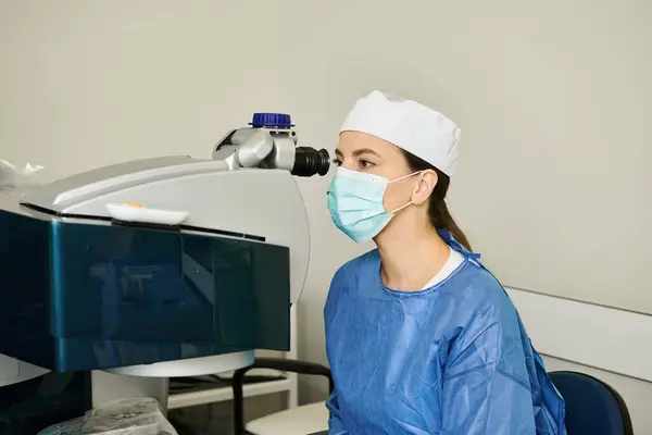 Una donna in maschera chirurgica esplora al microscopio. — Foto stock