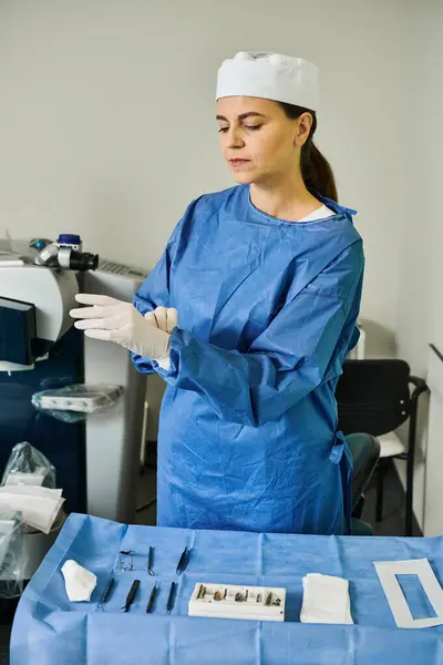 Uma mulher em um vestido cirúrgico fica ao lado de uma mesa em um ambiente médico. — Fotografia de Stock