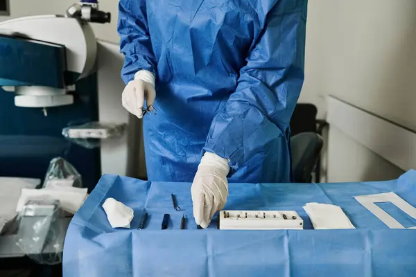 Eine Frau im blauen Anzug und weißen Handschuhen, die in der Arztpraxis eine Laser-Sehkorrektur erhält. — Stockfoto