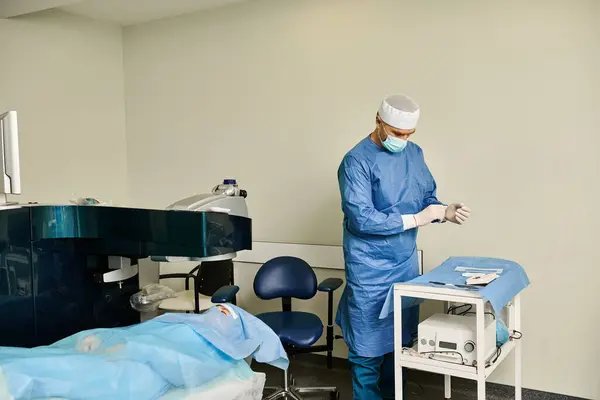 Un uomo in camice chirurgico si trova fiducioso in una stanza. — Foto stock