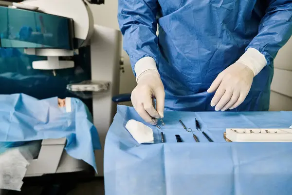Un homme en robe d'hôpital utilise une machine pour la correction de la vue au laser. — Photo de stock