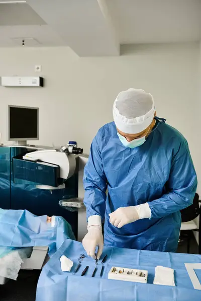 Uma pessoa de vestido cirúrgico e máscara opera uma máquina em um procedimento de correção de visão a laser. — Fotografia de Stock