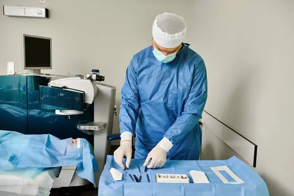 Um homem com um vestido cirúrgico opera uma máquina. — Fotografia de Stock